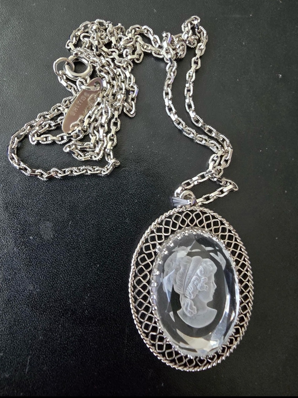 Whiting and Davis Silvertone Cameo Pendant Necklace - Classic Women’s Jewelry
